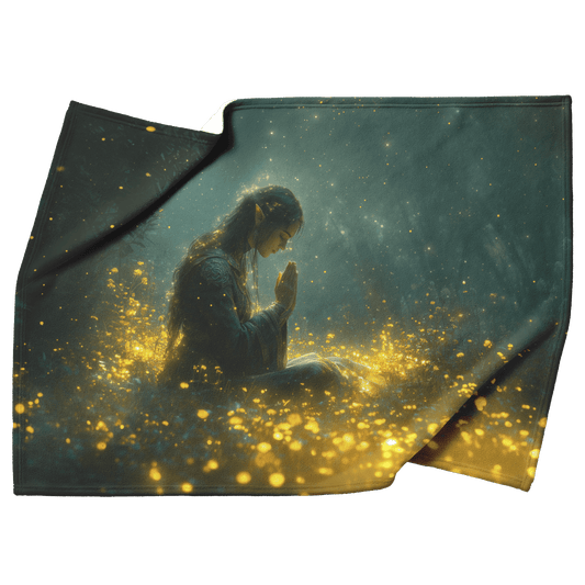 Night Elf Priest Fleece Sherpa Blanket Moonlit Forest Prayer Golden Light Stars Inspiring Majestic WoW Design - Awakening Righteousness