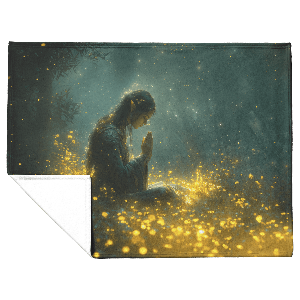 Night Elf Priest Fleece Sherpa Blanket Moonlit Forest Prayer Golden Light Stars Inspiring Majestic WoW Design - Awakening Righteousness