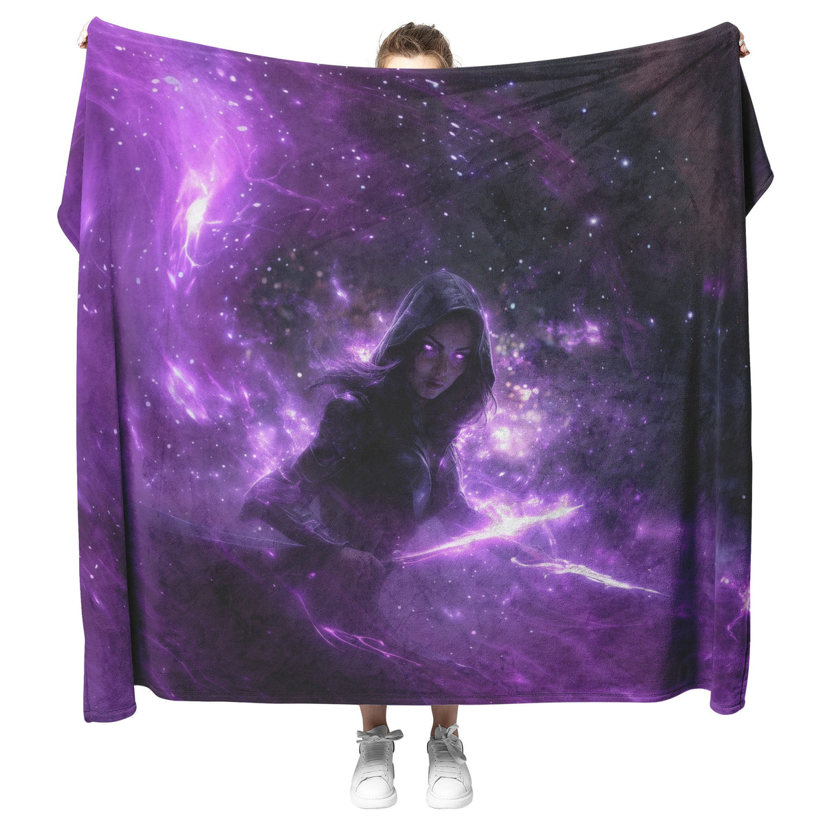 Night Elf Rogue Fleece Sherpa Blanket Black Leather Armor Twin Daggers Purple Mist Silver Light Stealthy WoW Design - Awakening Righteousness
