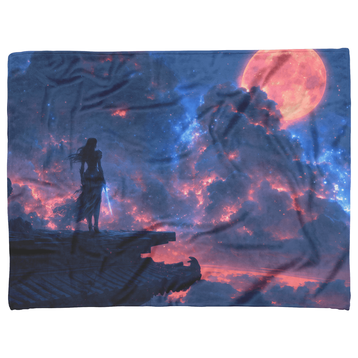 Night Elf Rogue Fleece Sherpa Blanket Rooftop Night Glowing Blades Cosmic Mist Shimmering Textures Stealthy Elegant WoW Design - Awakening Righteousness