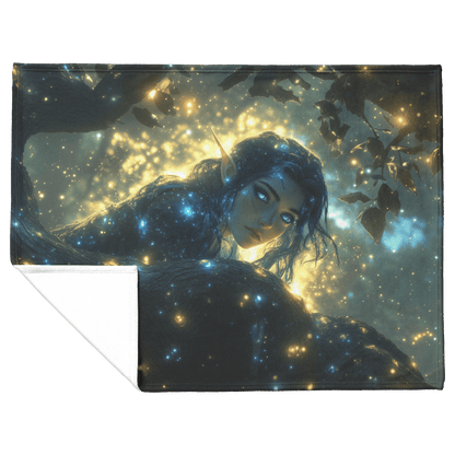 Night Elf Rogue Fleece Sherpa Blanket Treetop Forest Shimmering Stars Cosmic Textures Elegant Mysterious WoW Design - Awakening Righteousness