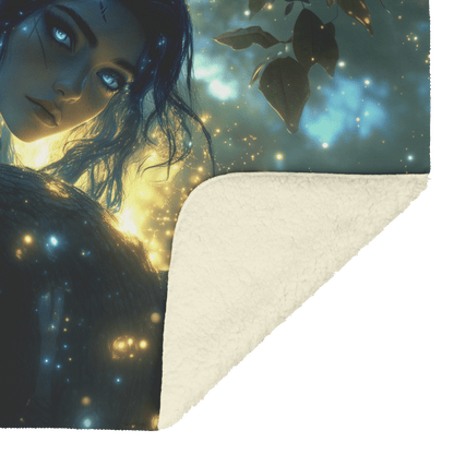 Night Elf Rogue Fleece Sherpa Blanket Treetop Forest Shimmering Stars Cosmic Textures Elegant Mysterious WoW Design - Awakening Righteousness