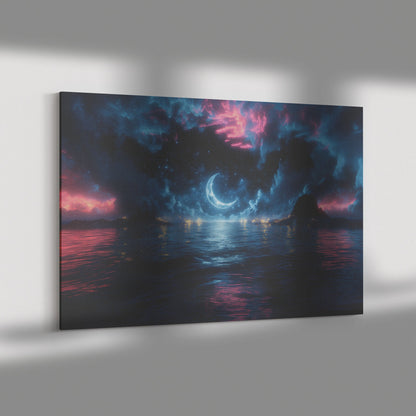 Night Ocean Scene Crescent Moon Silver Waves Stars Reflecting Deep Blue Surreal Glow Canvas Wall Art Decor - Awakening Righteousness