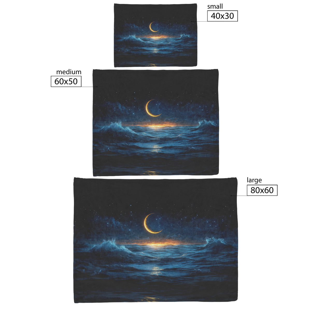Night Ocean Scene Crescent Moon Stars Reflecting Silver Waves Deep Blue Hues Fleece Sherpa Blanket - Awakening Righteousness