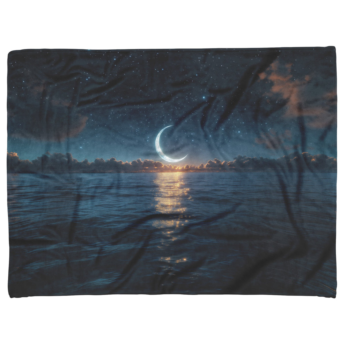 Night Ocean Scene Massive Crescent Moon Stars Reflecting Silver Waves Deep Blue Hues Fleece Sherpa Blanket - Awakening Righteousness