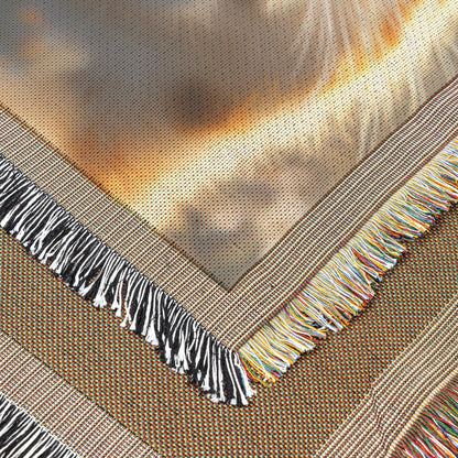 Orange Cat Blue Eyes in Meadow Woven Throw Blanket - Awakening Righteousness