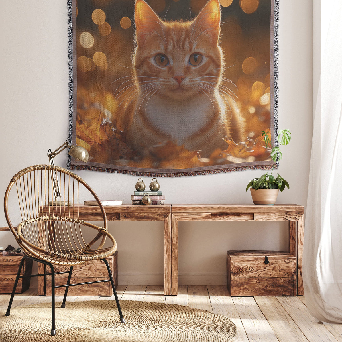 Orange Tabby Cat Surrounded by Glowing Autumn Leaves Under Warm Afternoon Sun with Intricate Fur Details Woven Throw Blanket - Awakening Righteousness