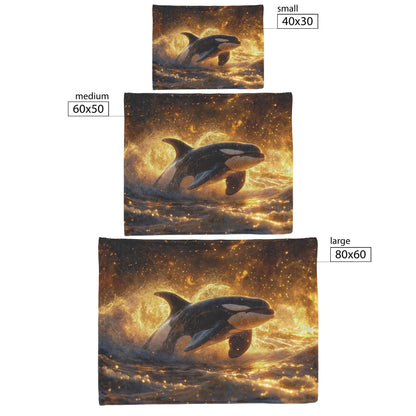 Orca Leaping Through Glowing Ocean Waves Golden Light Twilight Sky Serene Majestic Fleece Sherpa Blanket - Awakening Righteousness