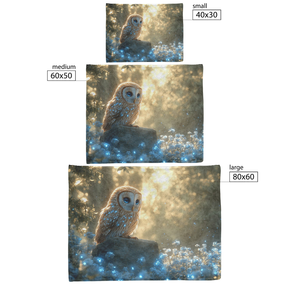Owl on Stone Altar in Bioluminescent Forest Glowing Plants Blue Fireflies Mysterious Magical Fleece Blanket - Awakening Righteousness