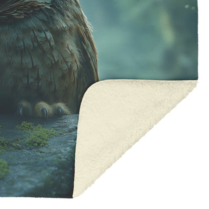 Owl with Glowing Feathers on Mossy Stone Fleece Sherpa Blanket Morning Mist Peaceful Woodland Scenery - Awakening Righteousness