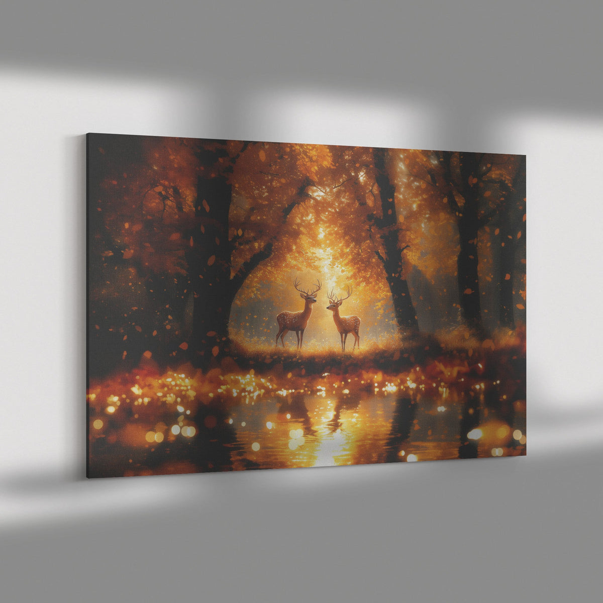 Pair of Deer Gracefully Walking in Golden Autumn Forest Glowing Leaves Soft Sunlight Peaceful Scenic Canvas Wall Art - Awakening Righteousness