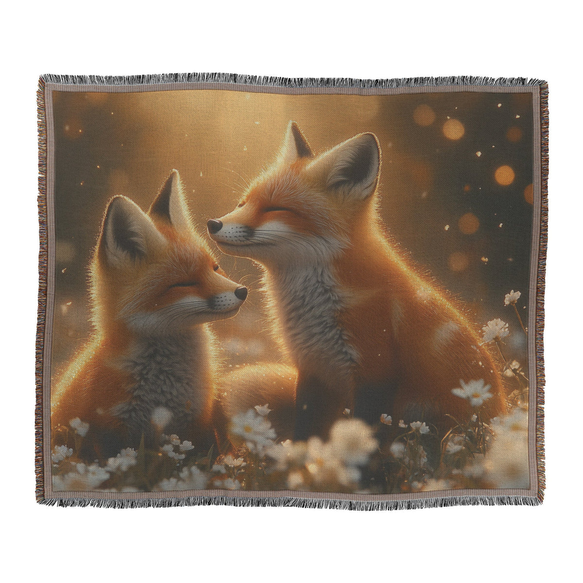 Pair of Foxes Playing in Flower Filled Meadow with Glowing Sunlight Joyful and Peaceful Woven Throw Blanket - Awakening Righteousness