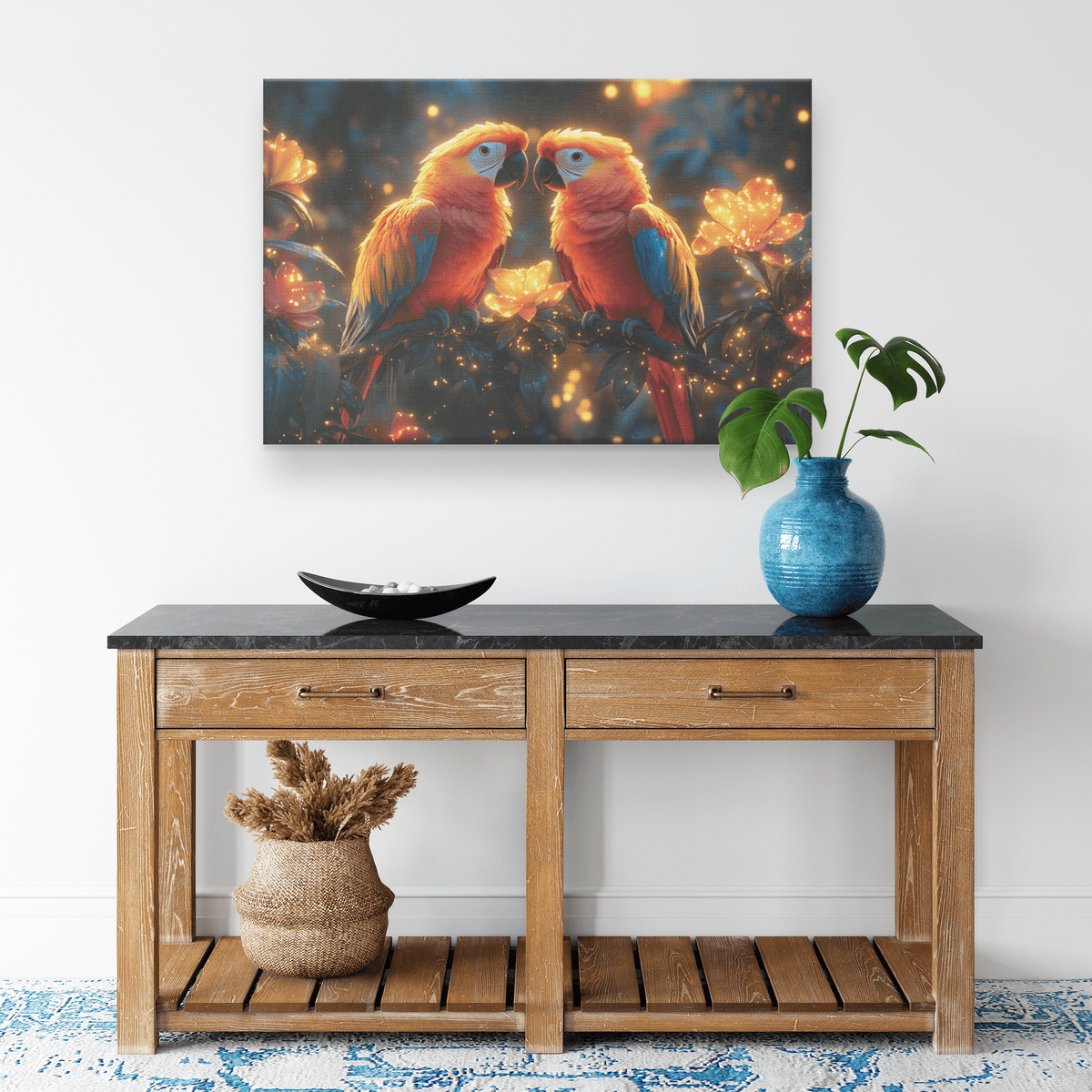 Pair Of Parrots On Glowing Vine With Bioluminescent Plants In Twilight Jungle Canvas Wall Art Decor - Awakening Righteousness