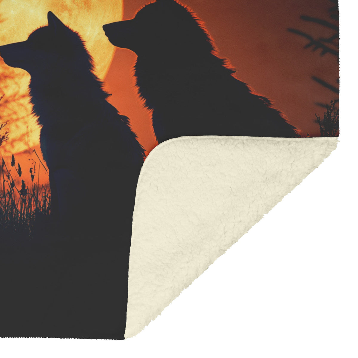 Pair of Wolves Silhouetted Against Massive Glowing Full Moon in Quiet Forest Cozy Sherpa Blanket - Awakening Righteousness