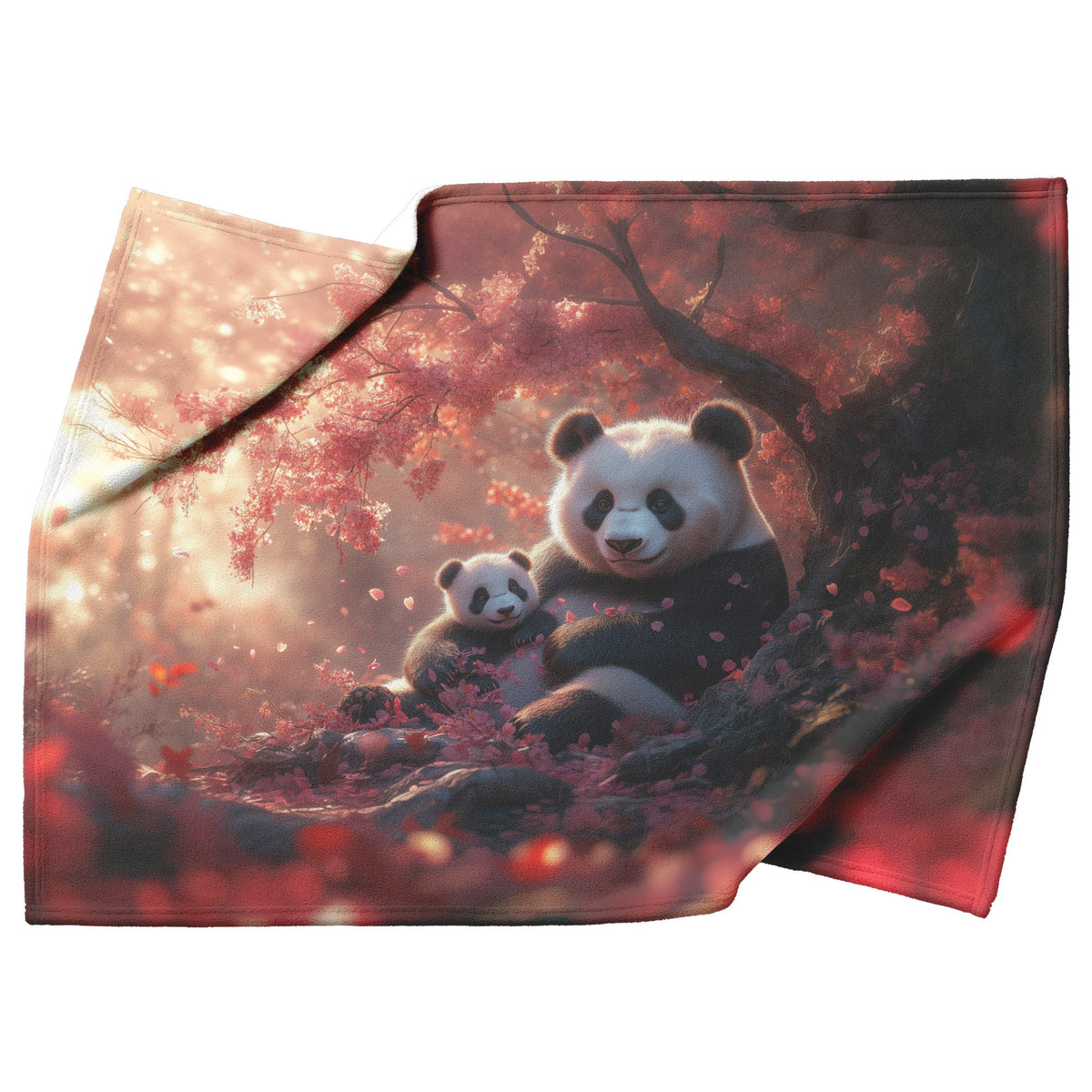 Panda Family Sitting Under Glowing Pink Cherry Blossom Tree Serene Natural Scenery Fleece Sherpa Blanket - Awakening Righteousness