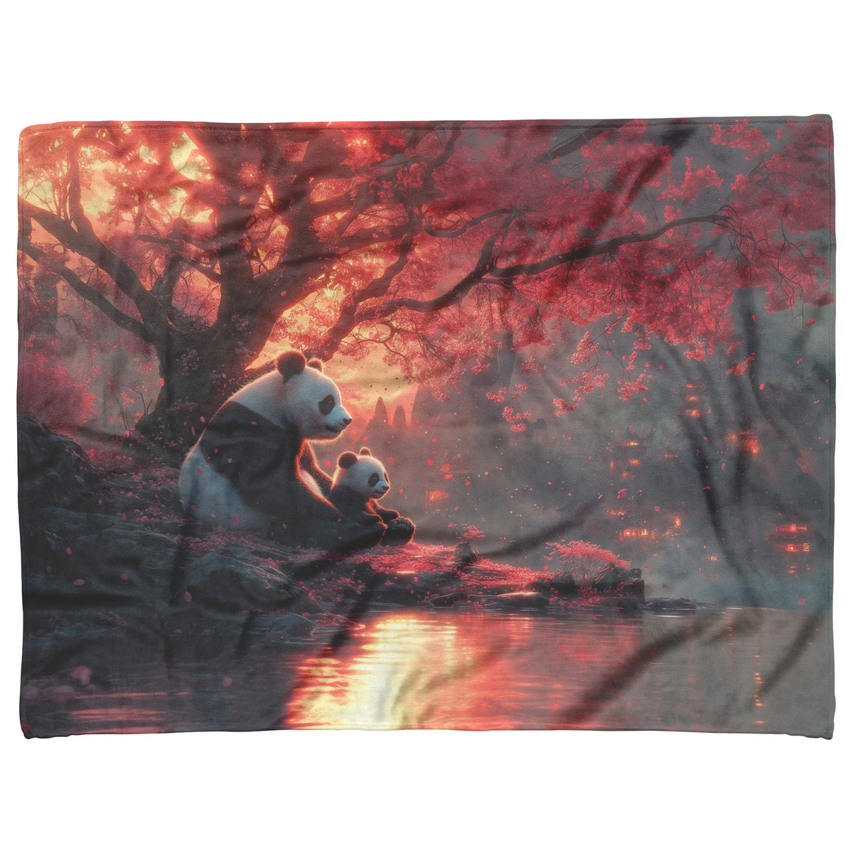 Panda Family Sitting Under Glowing Pink Cherry Blossom Tree Serene Natural Scenery Fleece Sherpa Blanket - Awakening Righteousness