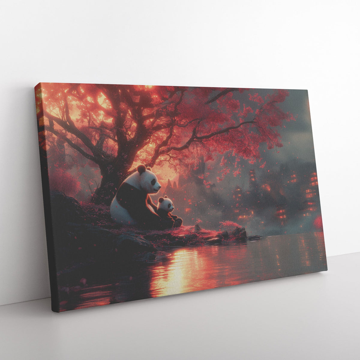 Panda Family Sitting Under Glowing Pink Cherry Blossom Tree Surrounded by Serene Natural Scenery Canvas Wall Art Decor - Awakening Righteousness