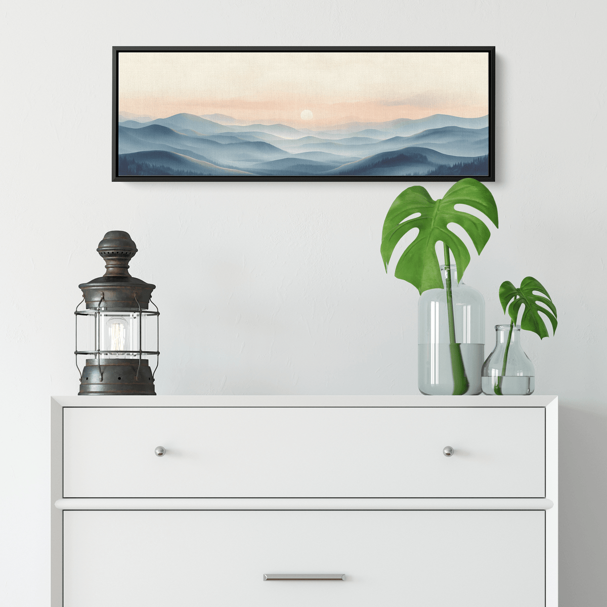 Panoramic Nature Illustration Muted Landscape Rolling Hills Beige Gray Taupe Tones Ultra High Definition Textured Minimalist Panoramic Framed Canvas Wall Art - Awakening Righteousness