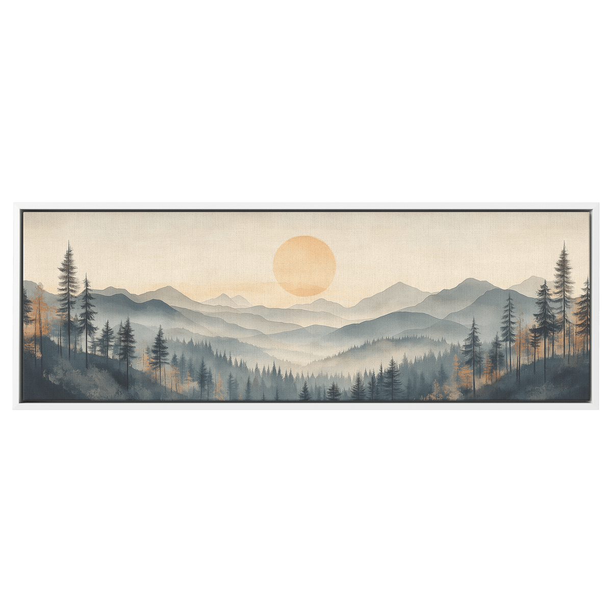 Panoramic Nature Illustration Muted Landscape Rolling Hills Beige Gray Taupe Tones Ultra High Definition Textured Minimalist Panoramic Framed Canvas Wall Art - Awakening Righteousness