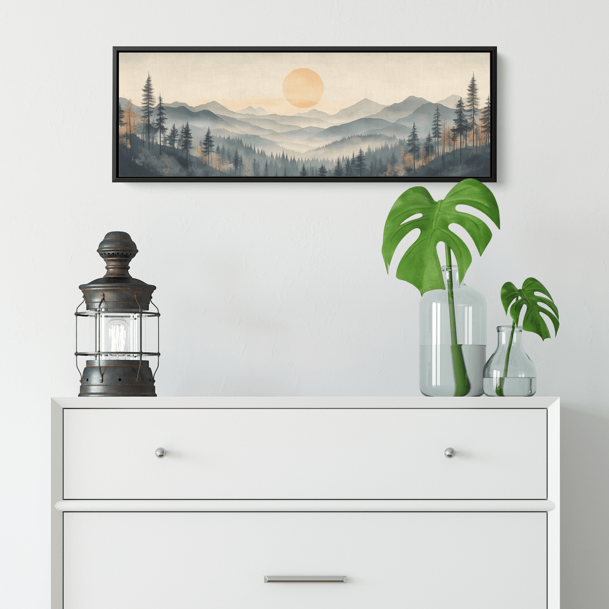 Panoramic Nature Illustration Muted Landscape Rolling Hills Beige Gray Taupe Tones Ultra High Definition Textured Minimalist Panoramic Framed Canvas Wall Art - Awakening Righteousness