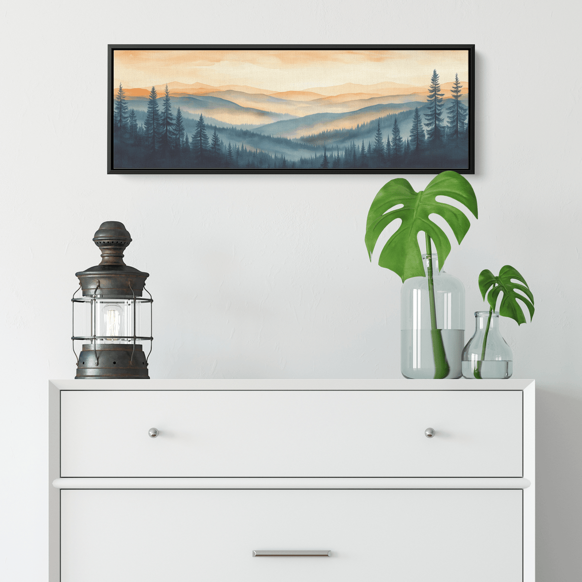 Panoramic Nature Illustration Rolling Hills Sparse Forests Minimalist Linework Soft Gray Beige Tones Ultra High Definition Serene Design Panoramic Framed Canvas Wall Art - Awakening Righteousness