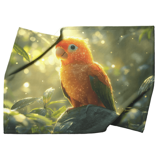 Parrot Perched on Ancient Glowing Stone Surrounded by Dense Mist and Bioluminescent Forest Plants Fleece Sherpa Blanket - Awakening Righteousness