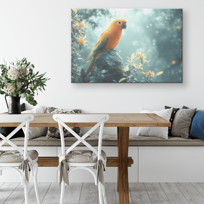 Parrot Perched On Ancient Glowing Stone Surrounded By Mist And Bioluminescent Forest Plants Canvas Wall Art Decor - Awakening Righteousness