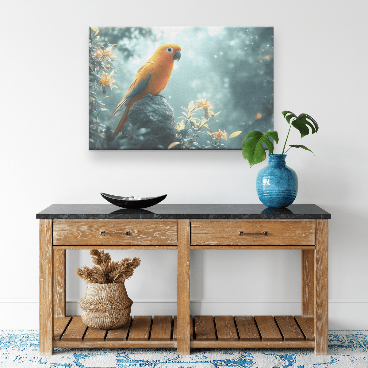 Parrot Perched On Ancient Glowing Stone Surrounded By Mist And Bioluminescent Forest Plants Canvas Wall Art Decor - Awakening Righteousness