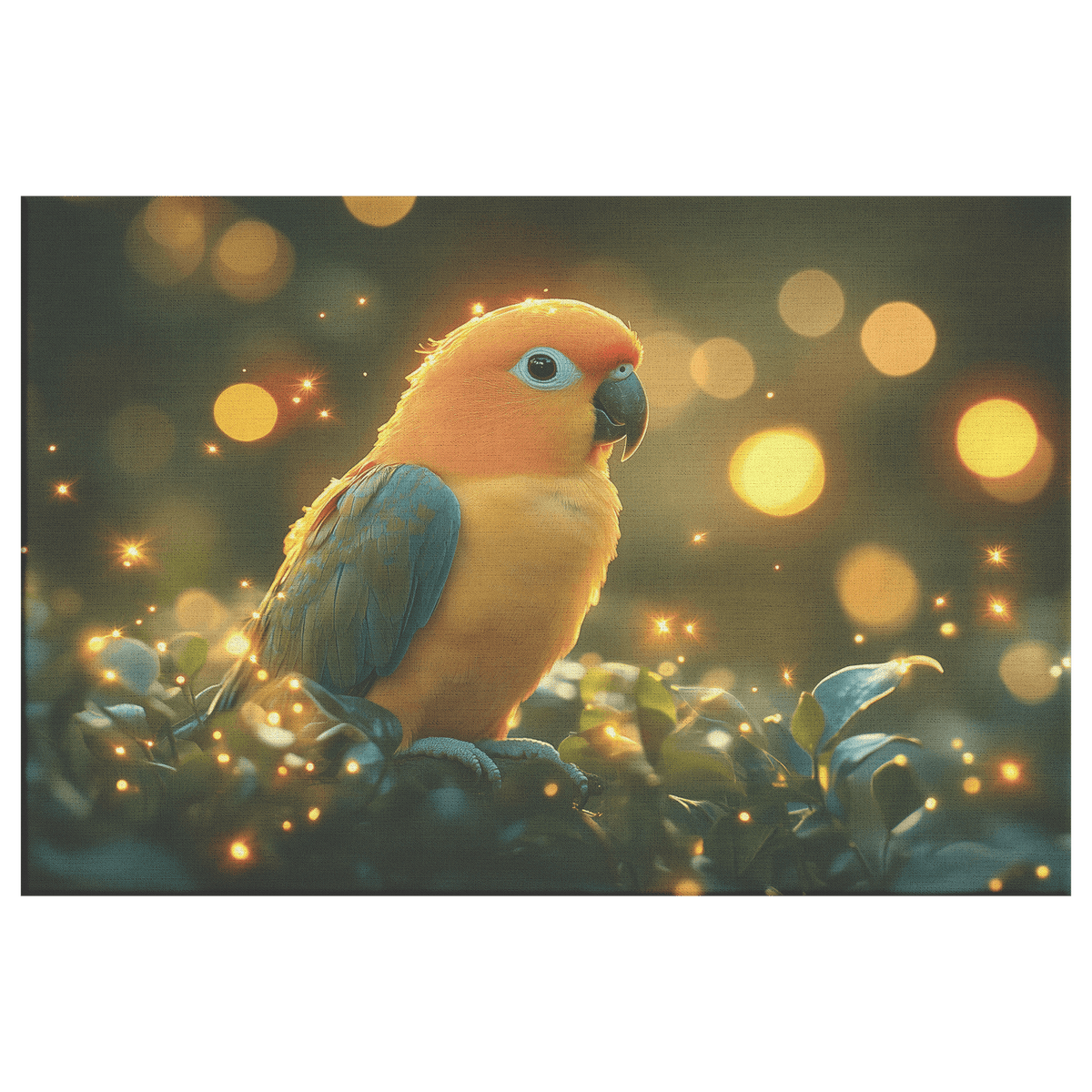 Parrot Surrounded By Glowing Fireflies In Magical Tropical Garden Peaceful And Ethereal Canvas Wall Art Decor - Awakening Righteousness