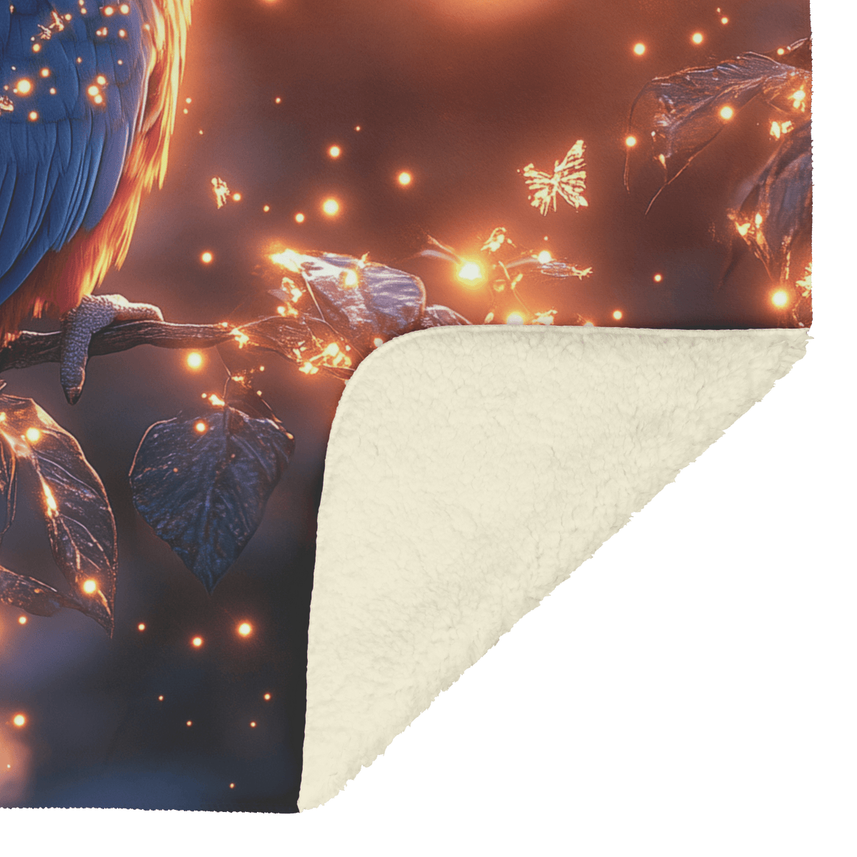 Parrot Surrounded by Glowing Fireflies in Magical Tropical Garden Under Starry Night Sky Fleece Sherpa Blanket - Awakening Righteousness
