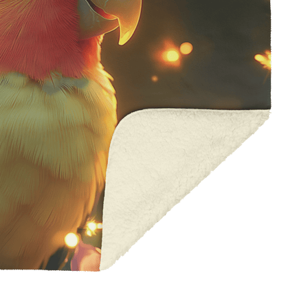 Parrot Surrounded by Glowing Fireflies in Magical Tropical Garden Under Vibrant Sunset Fleece Sherpa Blanket - Awakening Righteousness