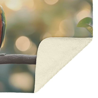 Parrot With Glowing Feathers Sitting on Wooden Perch Surrounded by Tropical Light Filtering Through Leaves Fleece Sherpa Blanket - Awakening Righteousness
