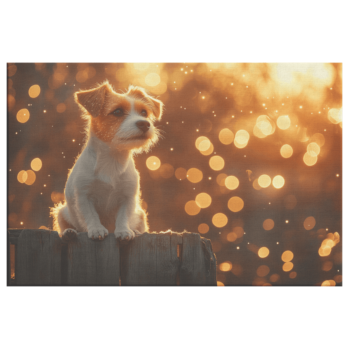 Parson Russell Terrier By Rustic Wooden Fence With Shimmering Stars And Cascading Silver Light Canvas Wall Art Decor - Awakening Righteousness