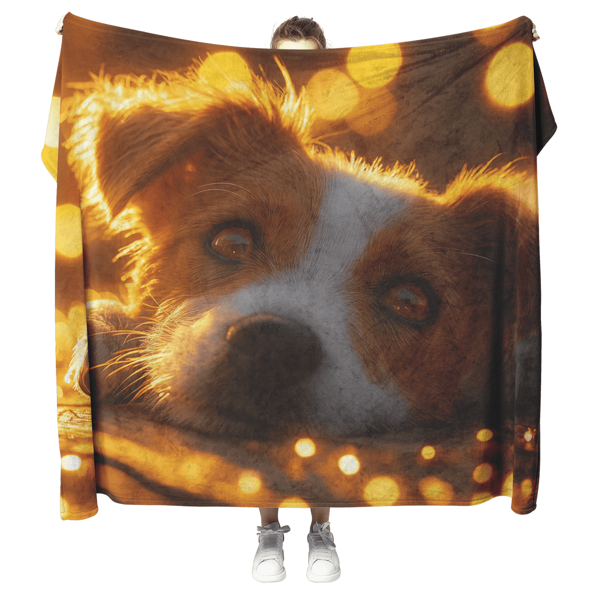 Parson Russell Terrier Lying on Wooden Deck Surrounded by Shimmering Golden Textures and Glowing Light Rays Fleece Sherpa Blanket - Awakening Righteousness