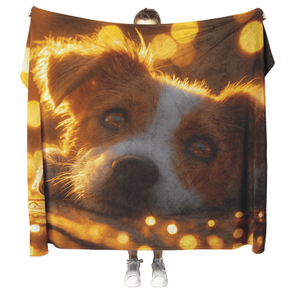 Parson Russell Terrier Lying on Wooden Deck Surrounded by Shimmering Golden Textures and Glowing Light Rays Fleece Sherpa Blanket - Awakening Righteousness