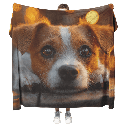 Parson Russell Terrier Lying on Wooden Deck Surrounded by Shimmering Golden Textures and Glowing Light Rays Fleece Sherpa Blanket - Awakening Righteousness