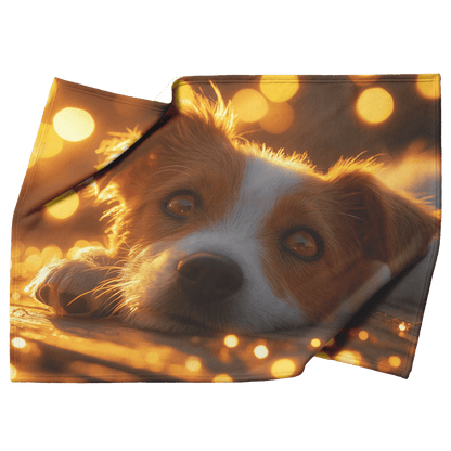 Parson Russell Terrier Lying on Wooden Deck Surrounded by Shimmering Golden Textures and Glowing Light Rays Fleece Sherpa Blanket - Awakening Righteousness