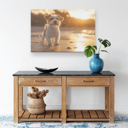 Parson Russell Terrier On Beach With Shimmering Golden Sand And Radiant Cosmic Reflections Canvas Wall Art Decor - Awakening Righteousness