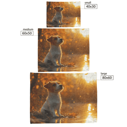 Parson Russell Terrier Sitting by Lake at Sunset Surrounded by Golden Textures and Cosmic Mist Fleece Sherpa Blanket - Awakening Righteousness