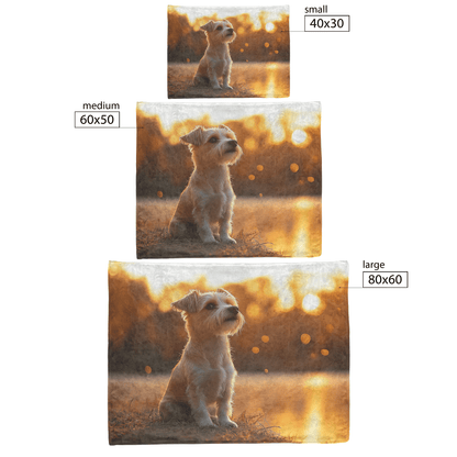 Parson Russell Terrier Sitting by Lake at Sunset Surrounded by Golden Textures and Cosmic Mist Fleece Sherpa Blanket - Awakening Righteousness