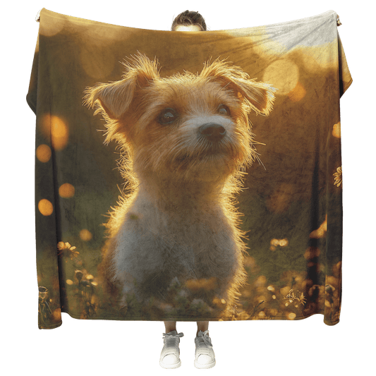 Parson Russell Terrier Standing in Lush Green Meadow Surrounded by Golden Light Trails With Glowing Fur Fleece Sherpa Blanket - Awakening Righteousness