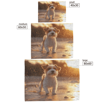 Parson Russell Terrier Standing on Beach Surrounded by Shimmering Golden Sand and Radiant Cosmic Reflections Fleece Sherpa Blanket - Awakening Righteousness