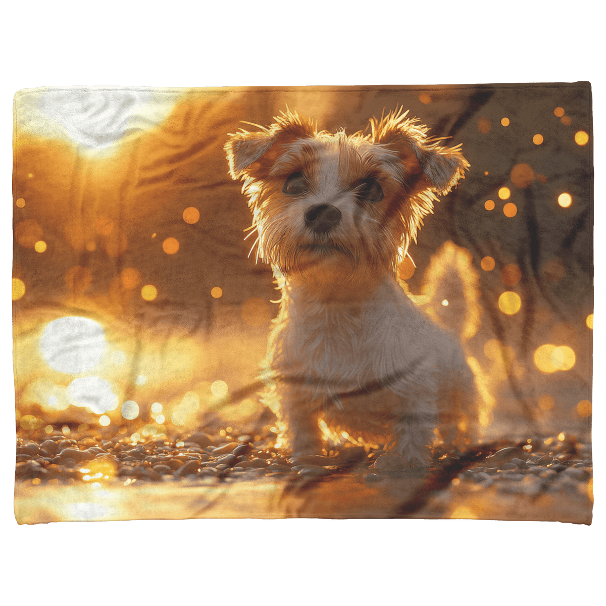 Parson Russell Terrier Standing on Beach Surrounded by Shimmering Golden Sand and Radiant Reflections Fleece Sherpa Blanket - Awakening Righteousness