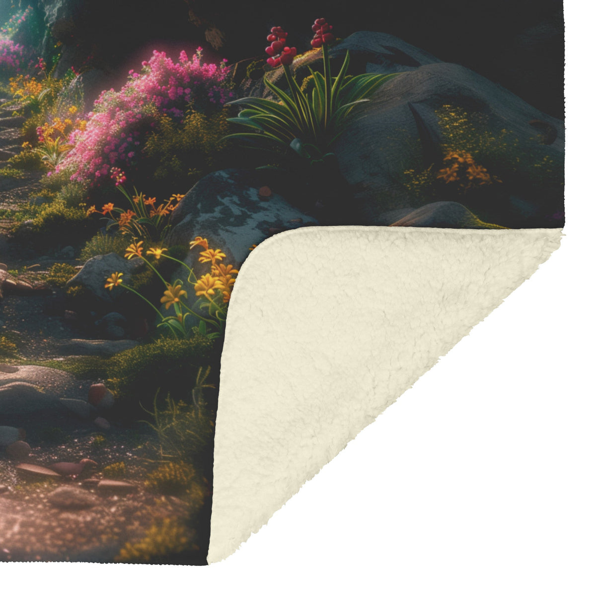 Pathway to the Cross Fleece Sherpa Blanket Featuring Vibrant Flowers and Heavenly Light Symbolizing Faith and Redemption - Awakening Righteousness