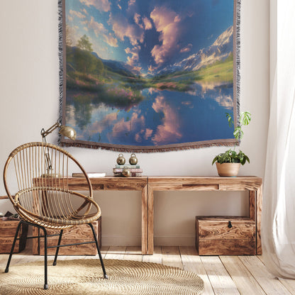 Peaceful Mountain Reflection Woven Throw Blanket Featuring Scenic River and Vibrant Cloudscape for Tranquil Decor - Awakening Righteousness