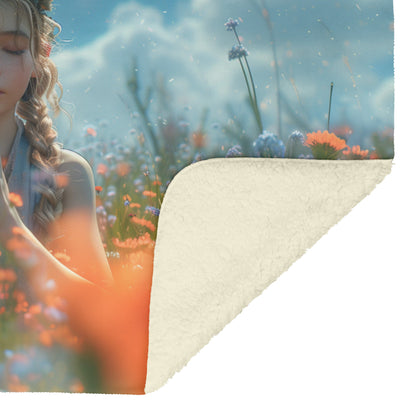 Peaceful Prayer Sherpa Blanket Young Girl in Blooming Field Inspirational Christian Cozy Home Decor - Awakening Righteousness