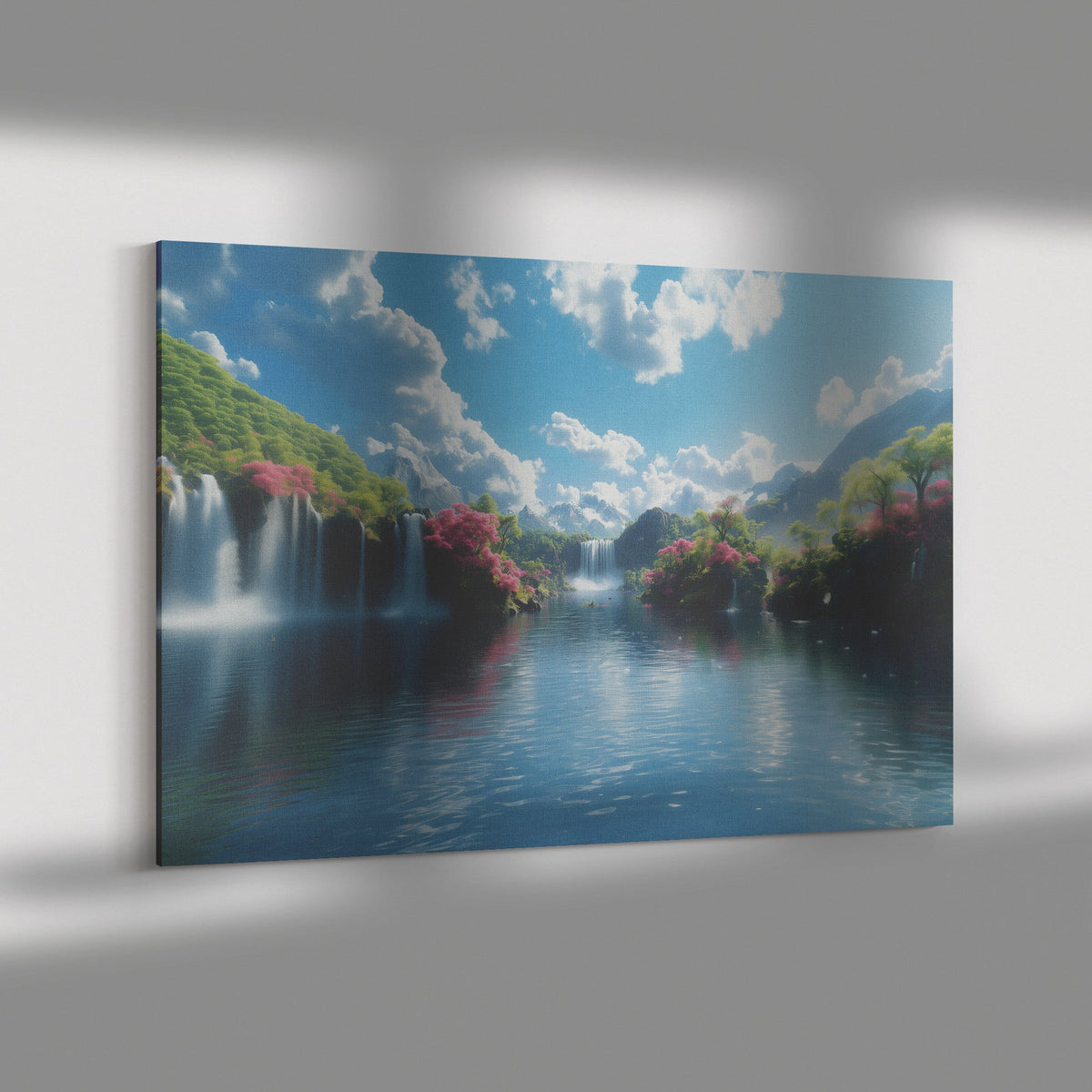 Peaceful Waterfall Paradise with Vibrant Blossoms and Mountains Canvas Wall Art Decor - Awakening Righteousness