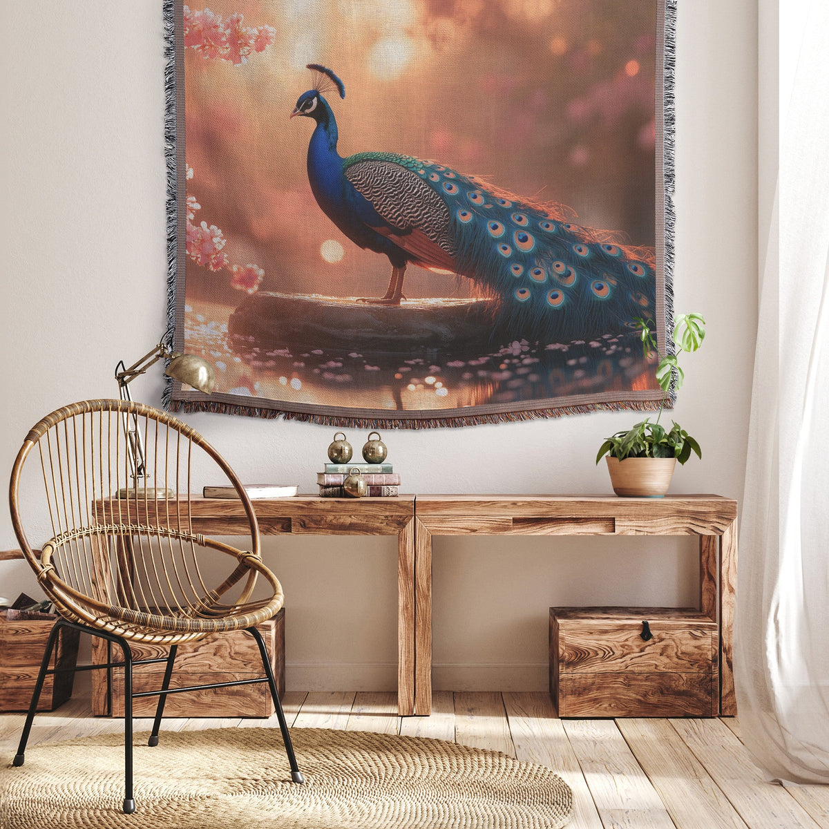 Peacock on Glowing Stone Fountain Surrounded by Cherry Blossoms with Shimmering Water Under Golden Light Woven Throw Blanket - Awakening Righteousness