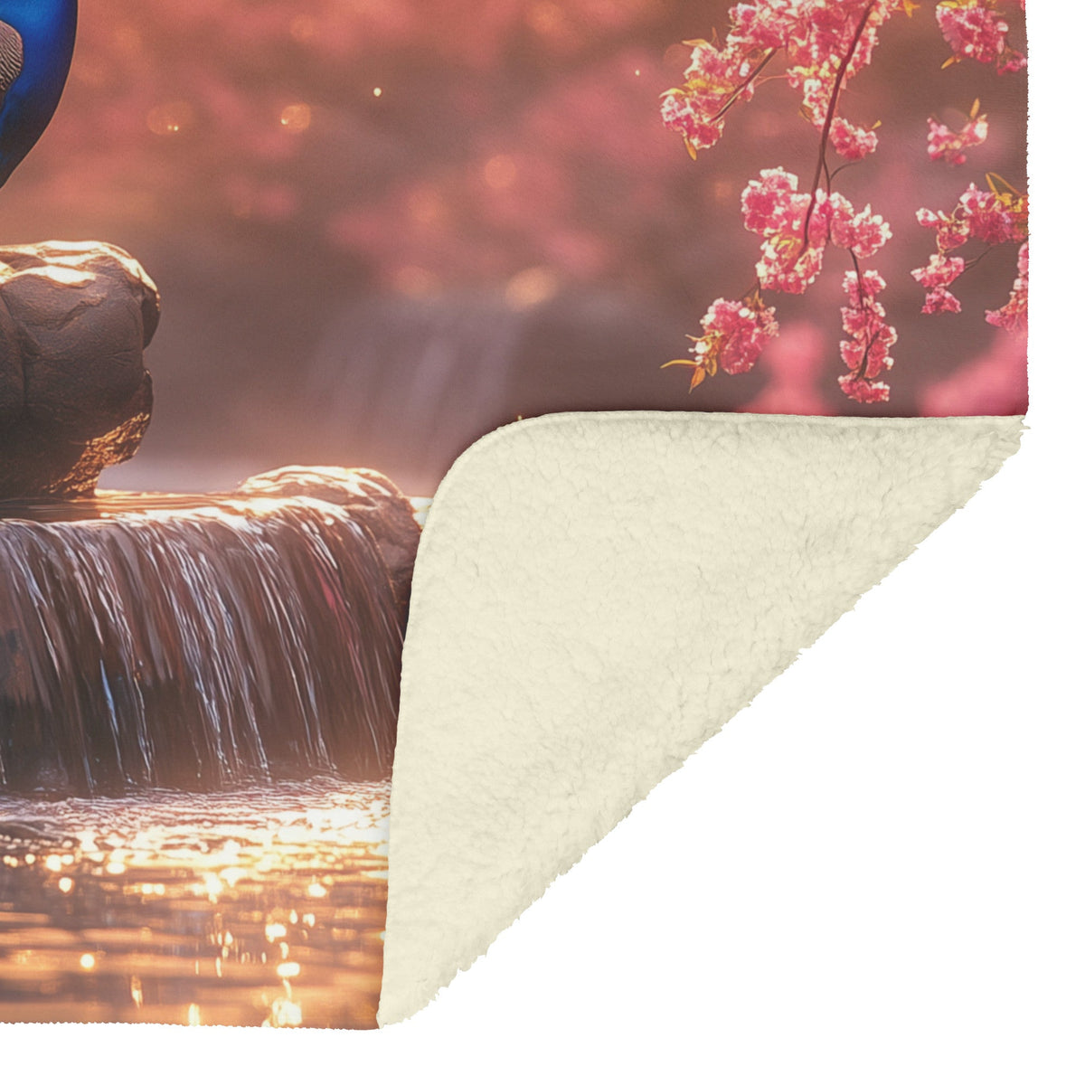 Peacock on Glowing Stone Fountain Surrounded by Pink Cherry Blossoms and Shimmering Water in Golden Light Blanket - Awakening Righteousness