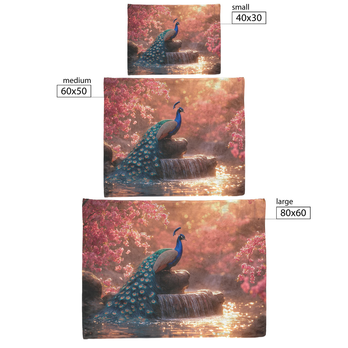Peacock on Glowing Stone Fountain Surrounded by Pink Cherry Blossoms and Shimmering Water in Golden Light Blanket - Awakening Righteousness